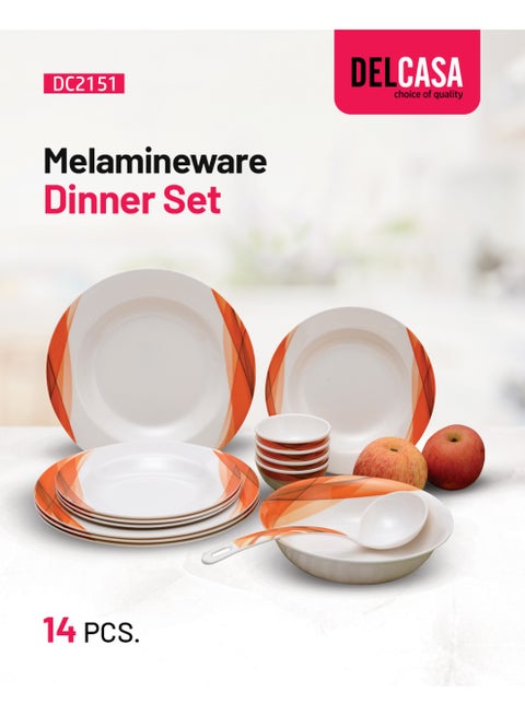 Delcasa DC2151 Ocean Melamine Ware Dinner Set 14-Pieces, White/Orange