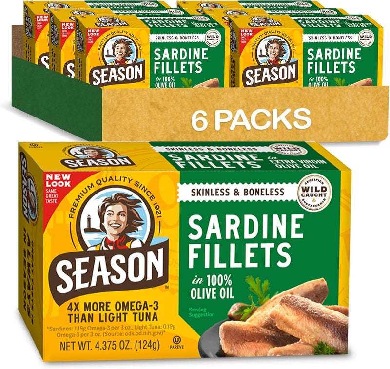 Season Skinless & Boneless Sardine Fillets in 100% Olive Oil - 6-Pack, No Salt Added, Wild Caught, High in Omega-3 and Protein - Image 1