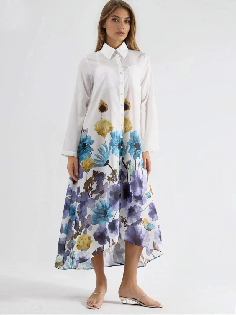 جينيفر Floral Maxi Dress with Shirt Collar and Button Closure