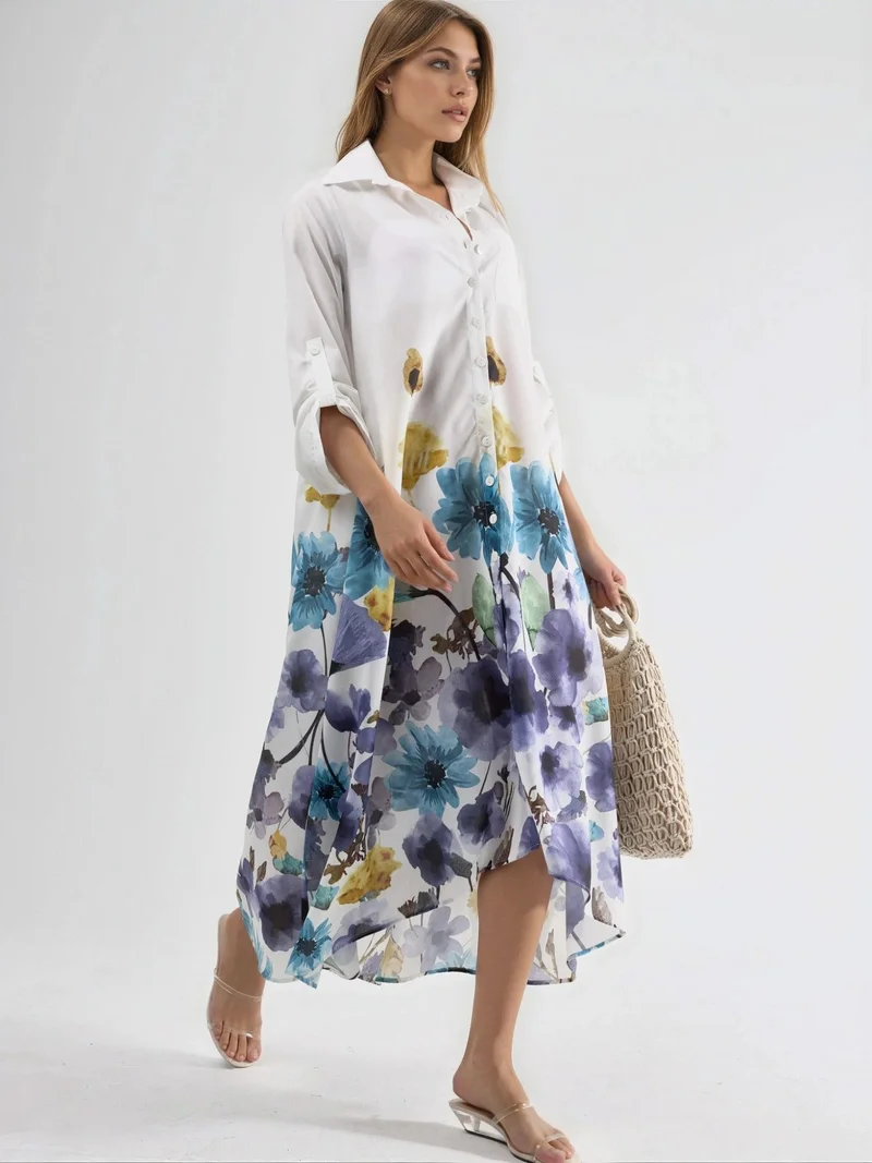 جينيفر Floral Maxi Dress with Shirt Collar and Button Closure