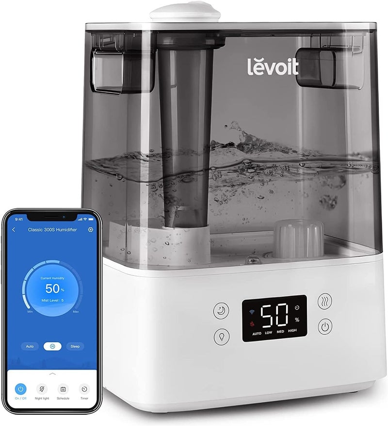 LEVOIT Smart Humidifiers for Bedroom, 6L Top-Fill Cool Mist with Quiet Sleep Mood for Plants and Pets, Auto Mode, Timer, Essential Oil Diffuser, Up to 60H for 47㎡, Gray Classic 300S grey - Image 1