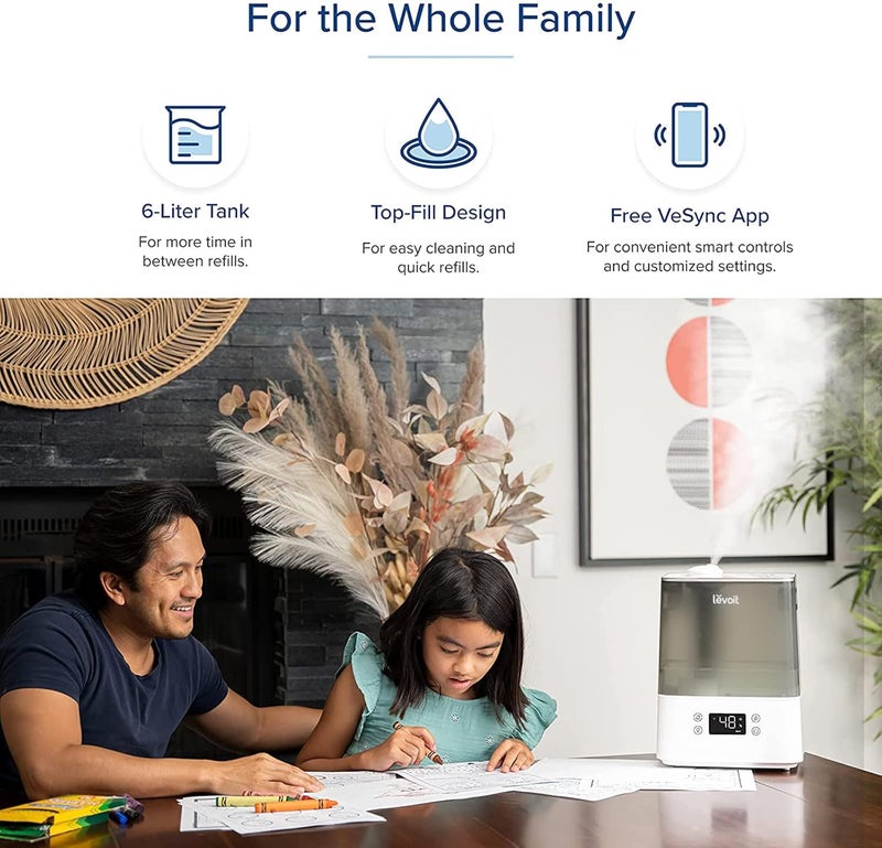 LEVOIT Smart Humidifiers for Bedroom, 6L Top-Fill Cool Mist with Quiet Sleep Mood for Plants and Pets, Auto Mode, Timer, Essential Oil Diffuser, Up to 60H for 47㎡, Gray Classic 300S grey - Image 5