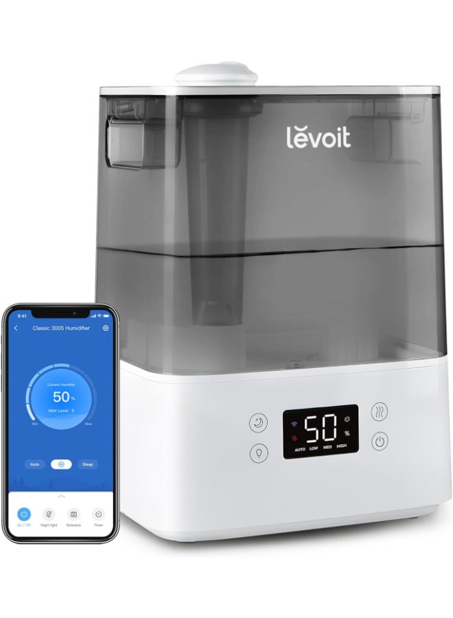 LEVOIT Smart Humidifiers for Bedroom, 6L Top-Fill Cool Mist with Quiet Sleep Mood for Plants and Pets, Auto Mode, Timer, Essential Oil Diffuser, Up to 60H for 47㎡, Gray Classic 300S grey - Image 1