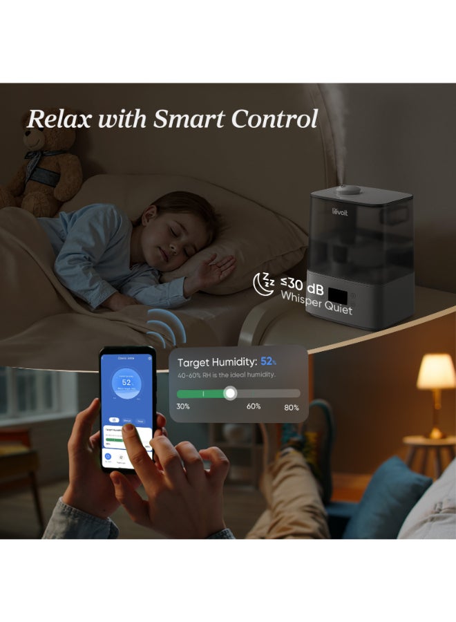 LEVOIT Smart Humidifiers for Bedroom, 6L Top-Fill Cool Mist with Quiet Sleep Mood for Plants and Pets, Auto Mode, Timer, Essential Oil Diffuser, Up to 60H for 47㎡, Gray Classic 300S grey - Image 5