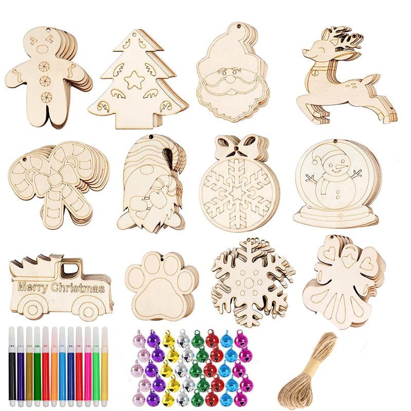 HBell 36pcs Christmas Wooden Ornaments Set With Holes Unfinished Slices Twine Colorful Bells Watercolor Pens for Kids DIY Crafts Hanging Decoration Xmas Gift