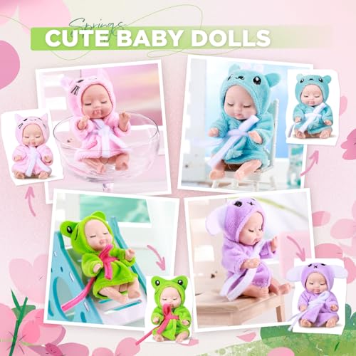 Hanaive 4 Pcs 4 Inch Mini Baby Dolls Lifelike Realistic Baby Dolls Animal Clothes Cute Tiny Gifts for Kids Birthday Party(Robe Style) - Image 4
