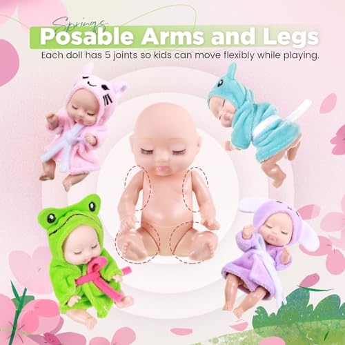 Hanaive 4 Pcs 4 Inch Mini Baby Dolls Lifelike Realistic Baby Dolls Animal Clothes Cute Tiny Gifts for Kids Birthday Party(Robe Style) - Image 5