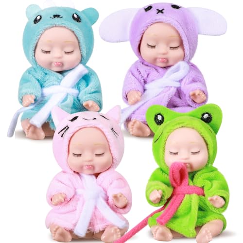 Hanaive 4 Pcs 4 Inch Mini Baby Dolls Lifelike Realistic Baby Dolls Animal Clothes Cute Tiny Gifts for Kids Birthday Party(Robe Style) - Image 1