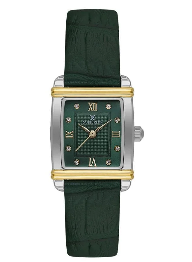 DANIEL KLEIN Women's Leather Silver and Gold Alloy Case Analog Green Square Emboss Dial Japanese Quartz Premium 30 Meters Water Resistant