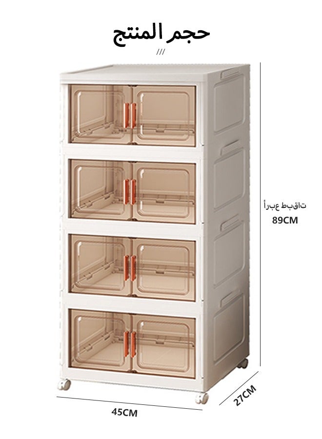 كوخ المنزل خزانة تخزين قابلة للطي بأربعة طوابق، رف تخزين على شكل أدراج، خزانة تخزين بلاستيكية بمقابض، باب مغناطيسي، وعجلات قابلة للإزالة. مناسبة لتخزين الملابس، الأحذية، القبعات، الأمتعة، مستحضرات التجميل، القهوة، الحليب، المشروبات، والوجبات الخفيفة. - Image 2