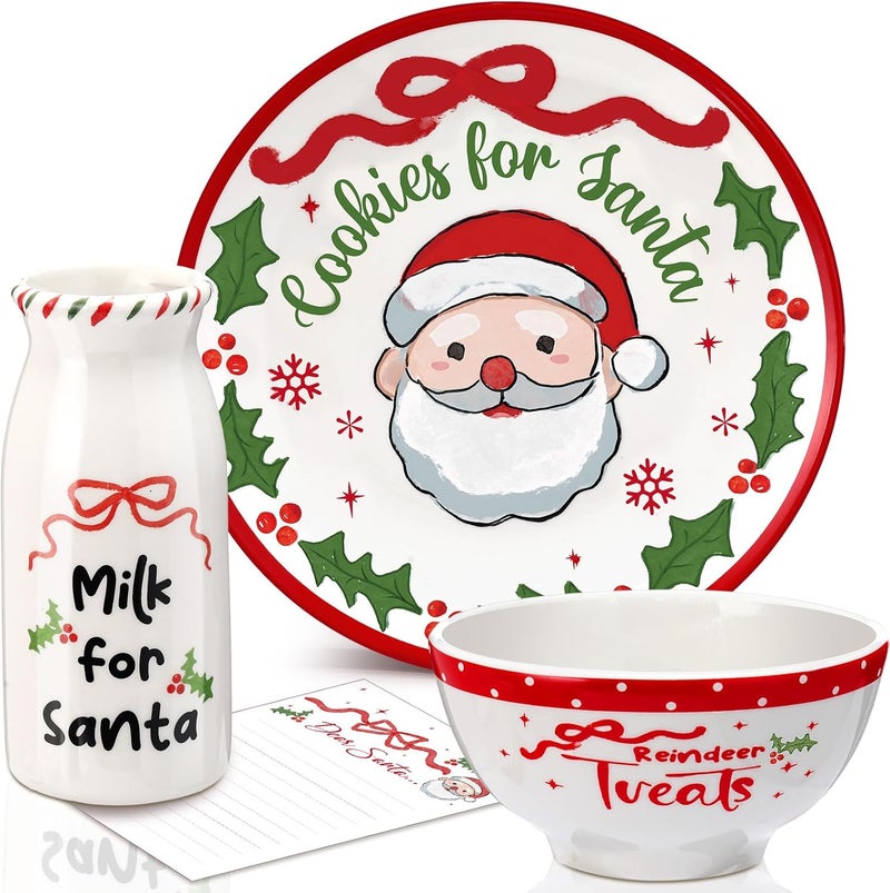 Nitial Christmas Cookies for Santa Plate Christmas Dinnerware Set Cookies for Santa Plate Set with Milk Jar, Reindeer Treat Bowl, and Dear Notepad Eve Gift for Kids(Holly Leaf) - Image 1
