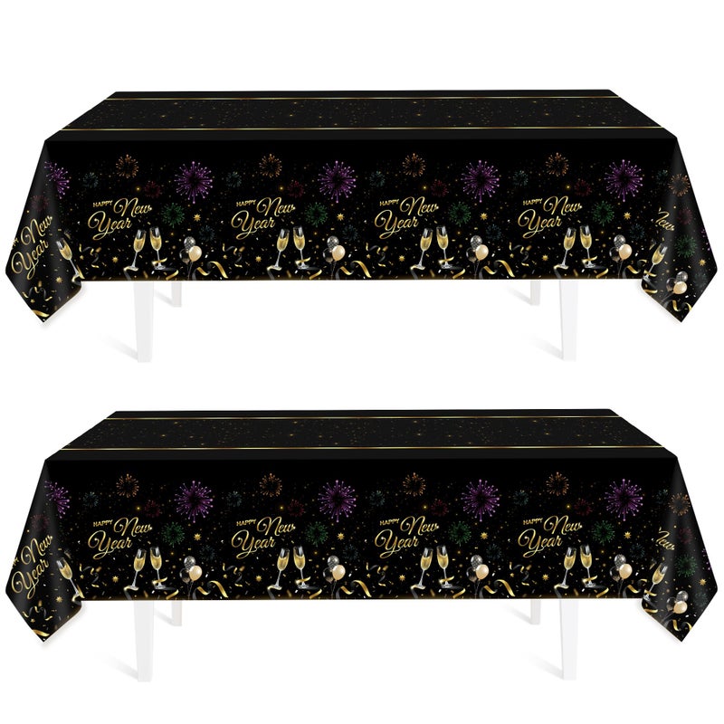 2 Pack New Years TableclothsDisposable Plastic Tablecloths for Rectangule 54x108 Happy New Years DecorationsBlack Gold Table Cover for HomeDinnerBirthdayNye Party DecorsHoliday Party Supplies