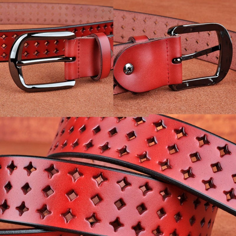 VONSELY Genuine Leather Belts for Women Hollow Out Design, Soft Leather Womens Belts with Pin Buckle, Red Leather Belt - Image 4