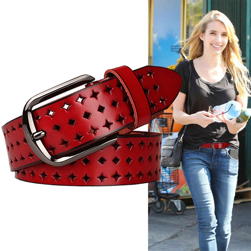 VONSELY Genuine Leather Belts for Women Hollow Out Design, Soft Leather Womens Belts with Pin Buckle, Red Leather Belt - Image 2