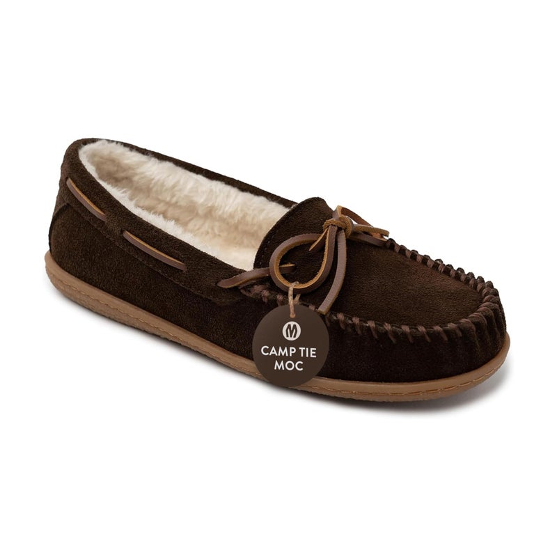 Minnetonka Womenï¿½s Camp Tie Moc ï¿½ Cozy, Suede Moccasin Slippers for Women with Plush Pile Lining, Cushioned Footbed, and Durable Sole for Indoor & Outdoor Comfort, 9 M Chocolate - Image 1