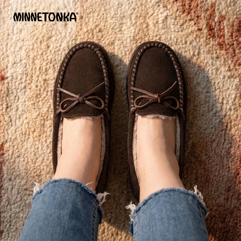 Minnetonka Womenï¿½s Camp Tie Moc ï¿½ Cozy, Suede Moccasin Slippers for Women with Plush Pile Lining, Cushioned Footbed, and Durable Sole for Indoor & Outdoor Comfort, 9 M Chocolate - Image 2