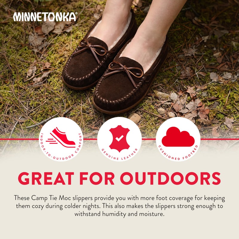 Minnetonka Womenï¿½s Camp Tie Moc ï¿½ Cozy, Suede Moccasin Slippers for Women with Plush Pile Lining, Cushioned Footbed, and Durable Sole for Indoor & Outdoor Comfort, 9 M Chocolate - Image 3