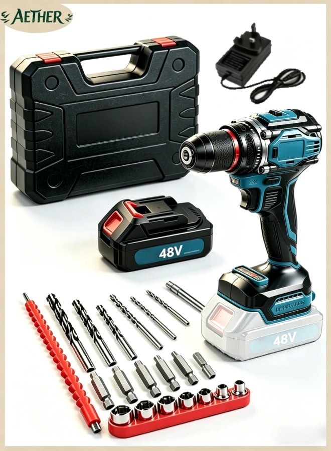 AETHER 48V Brushless Cordless Drill Set, 3/8-Inch Electric Screwdriver With 4000mAh Battery, 25+2 Dual Speed Clutch Power Drill Driver, LED Work Light For Home Improvement & Construction - Image 1
