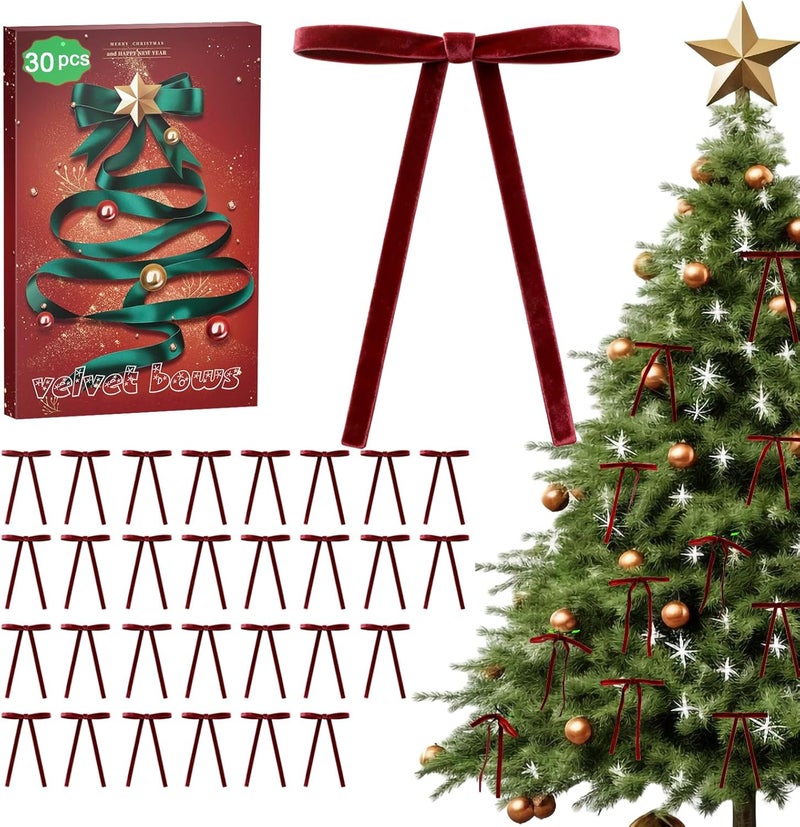 WICHOO Burgundy Velvet Bows for Christmas Tree - 30Pcs Vintage Ribbon Bows for Tree Decorations, 3/8" Small Bows for Garland, Wreath, Fireplace, Door, Gift Wrapping, Holiday Decor (5 x 7 Inch) - Image 1
