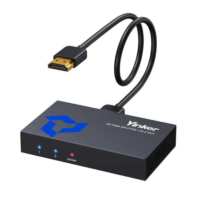 Yinker 4K HDMI Splitter 1 in 2 Out w/5Ft Cable, Yinker Metal Shell 1x2 HDMI Splitter Mirror 1 Video on Dual Monitors (Not Extended Display), USB Powered Distributor Supports 4K@30Hz, 3D,1080P@60Hz - Image 1