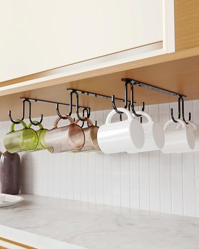 Luckinow Mug Hooks Under Cabinet 3 Pack, Metal Cup Hooks for Hanging Under Shelf, Mug Organizer Rack with 12 Hooks for Displaying Mugs, Coffee Cups and Kitchen Utensils, Black - Image 1