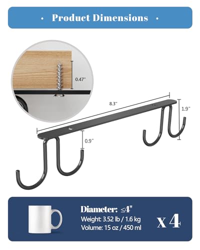 Luckinow Mug Hooks Under Cabinet 3 Pack, Metal Cup Hooks for Hanging Under Shelf, Mug Organizer Rack with 12 Hooks for Displaying Mugs, Coffee Cups and Kitchen Utensils, Black - Image 5