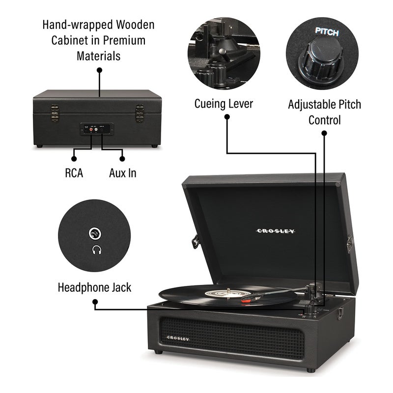 Crosley كروسلي CR8017B-BK فوياجر فينتاج مشغل اسطوانات فينيل محمول مع بلوتوث داخلي/خارجي ومكبرات صوت مدمجة، أسود - Image 4