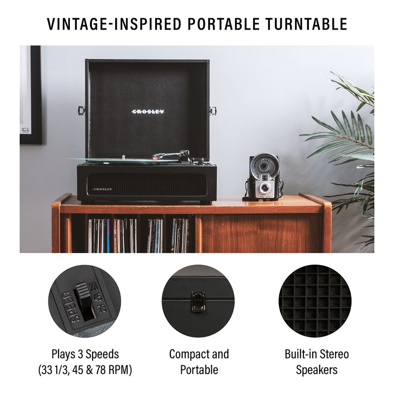 Crosley كروسلي CR8017B-BK فوياجر فينتاج مشغل اسطوانات فينيل محمول مع بلوتوث داخلي/خارجي ومكبرات صوت مدمجة، أسود - Image 3