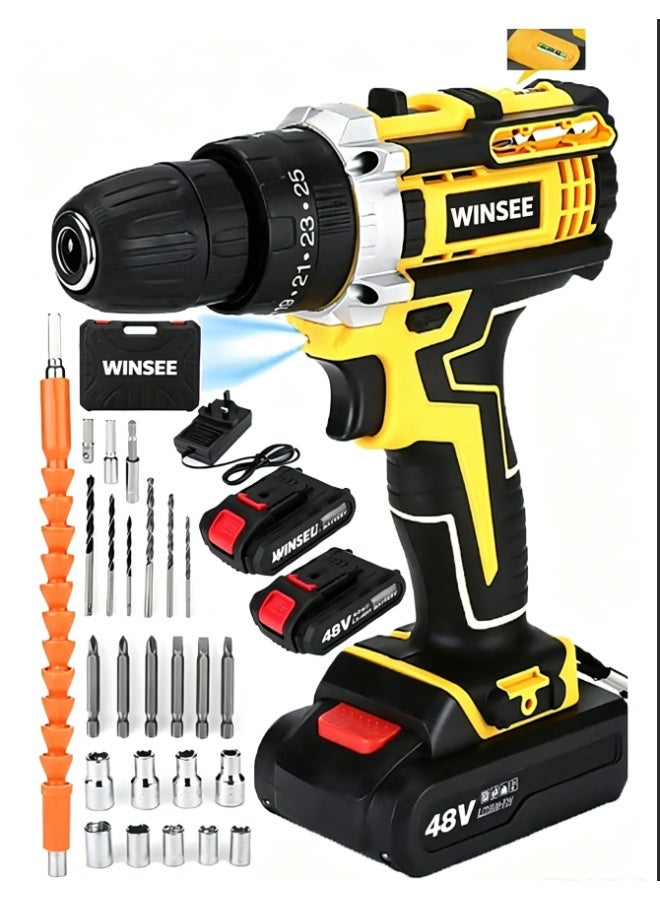 WINSEE مثقاب لاسلكي 48V، مع بطاريتين ليثيوم أيون وشاحن سريع، طقم مثقاب 3/8"، قابض 25+3 وضعية، ضوء عمل LED، مثقاب بسرعة متغيرة، عزم دوران 186 رطل، 24 ملحق + صندوق مثاقب 32 قطعة - Image 1