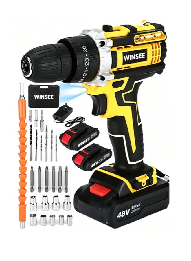 WINSEE مثقاب لاسلكي 48V، مع بطاريتين ليثيوم أيون وشاحن سريع، طقم مثقاب 3/8"، قابض 25+3 وضعية، ضوء عمل LED، مثقاب بسرعة متغيرة، عزم دوران 186 رطل، 24 ملحق + صندوق مثاقب 32 قطعة - Image 2