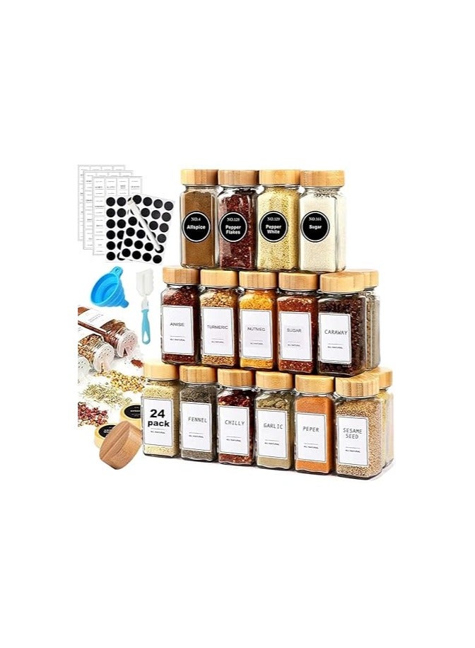 HJB VISSO 24 Pcs Glass Spice Jars/Bottles, 120ml Empty Square Spice Containers with Spice Labels, Shaker Lids and Bamboo Caps, Silicone Collapsible Funnel, SpongeBrush,Whiteboard Pen Included - Image 1