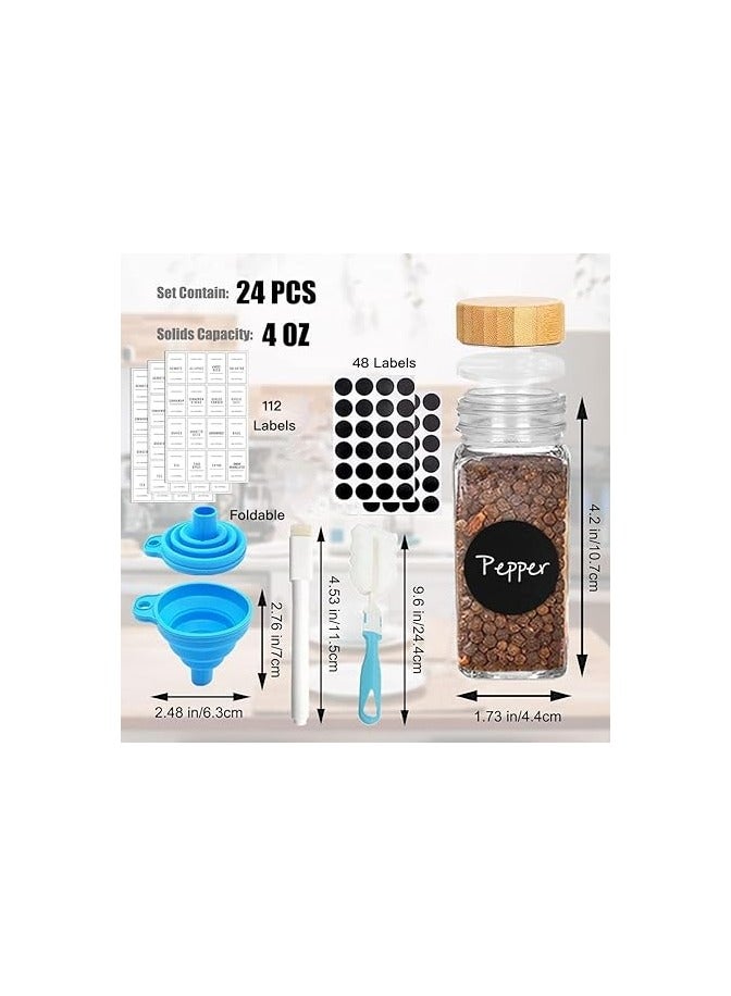HJB VISSO 24 Pcs Glass Spice Jars/Bottles, 120ml Empty Square Spice Containers with Spice Labels, Shaker Lids and Bamboo Caps, Silicone Collapsible Funnel, SpongeBrush,Whiteboard Pen Included - Image 4