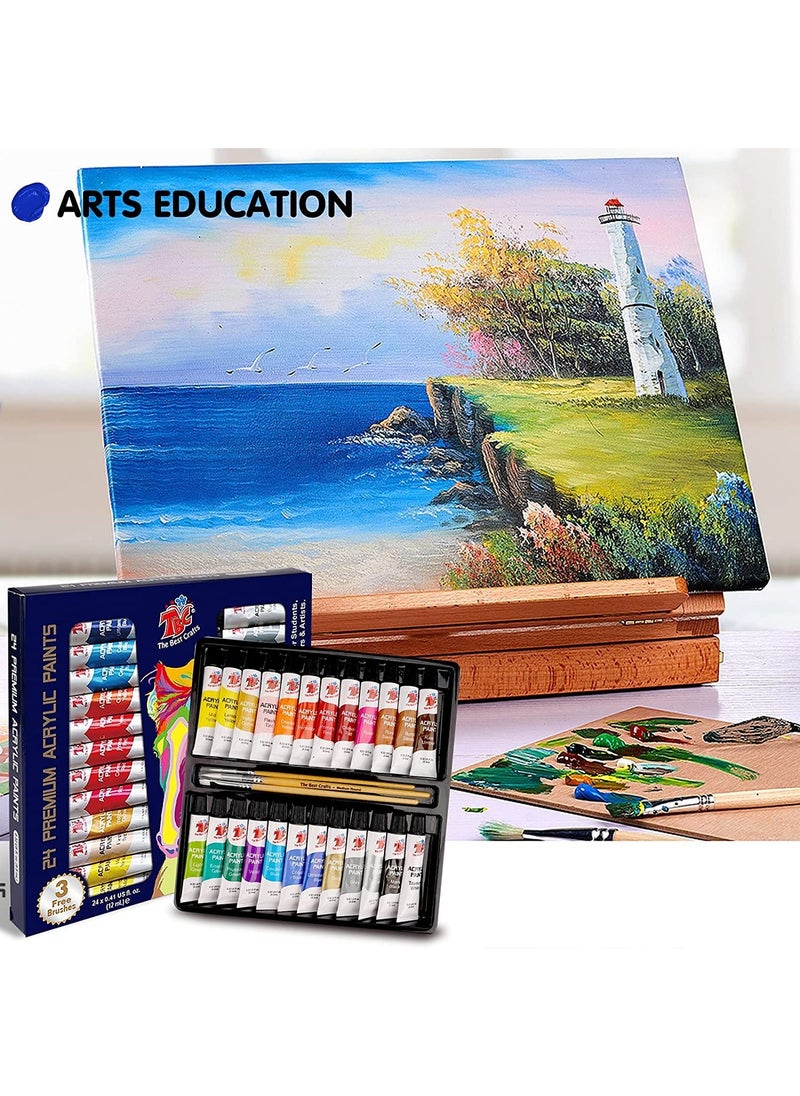 TBC - 24 Pcs The Best Crafts Acrylic Paint Set with 3 Painting Brushes Acrylic Art Set and 6 Slot Paint Palette for Kids & Adults 12ml Tube - Image 1