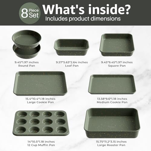 Slow Slog 8-Piece Nonstick Bakeware Set, Stackable Oven Pan Set Includes Baking Sheet, Muffin Pan, Cake Pan, Square Pan, Loaf Pan, Cookie Sheet & Cooling Rack (Ceramic Coated Green) - Image 3