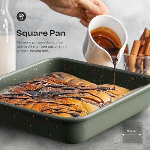 Slow Slog 8-Piece Nonstick Bakeware Set, Stackable Oven Pan Set Includes Baking Sheet, Muffin Pan, Cake Pan, Square Pan, Loaf Pan, Cookie Sheet & Cooling Rack (Ceramic Coated Green) - Image 2