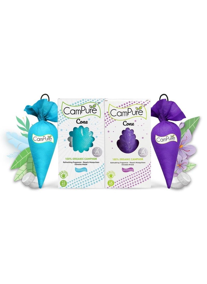 Mangalam - CamPure Camphor Cone (1 Original + 1 Lavender) Pack Of 2-100% Organic | Air Freshener For Car, Wardrobe, Office Cabin's, Drawers, Travel Bag & Bathroom - Image 1