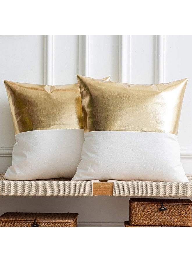 AEROHAVEN™ Set of 2 Solid Hand Made Faux Leather/Cotton Throw/Pillow Cushion Covers - CC240 - (Gold, 16 x 16 Inch(40 x 40cm)) - Image 1