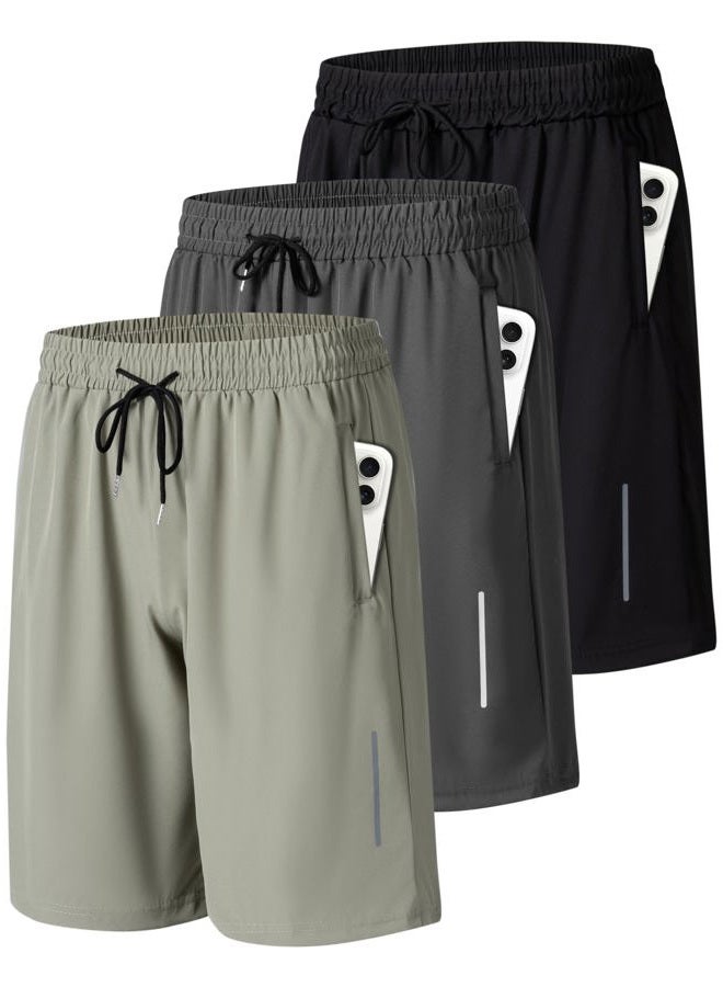 JWJ Mens Athletic Gym Workout Shorts Lightweight Quick Dry Running Basketball Shorts with Zipper Pockets, 3 Pack Black / Dark Grey / Army, S - Image 1