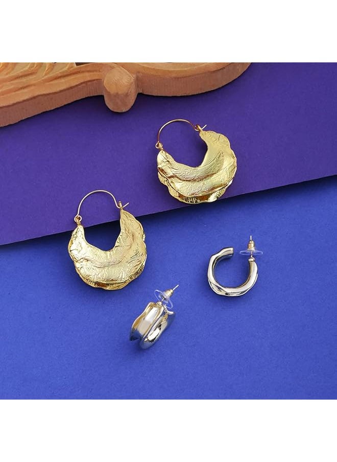 YELLOW CHIMES - Gold Plated Geometric Shaped Western Hoop Earrings Combo 2 Pair Set - Image 1