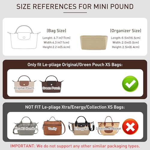 OAikor Purse Organizer Insert Compatible with Longchamp Mini Bag and More, Bag Insert for le pliage Original/Green Pouch with Handle/Extra Small Handbag Inner Shaper(Mini, Beige) - Image 2