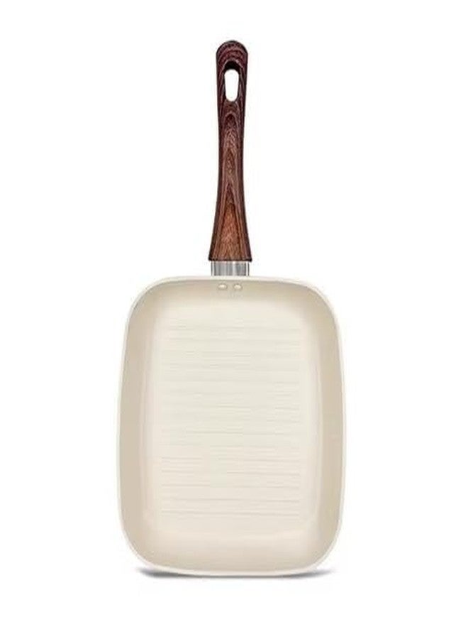 GREEVA Non-Stick Grill Pan with Soft Touch Wooden Handle Coating PFOA Free Induction&Gas Base Aluminium Square Grill Fry Pan Granite Griddle Frying Pans for Breakfast Egg Pan (Grill pan Beige 28cm) - Image 1