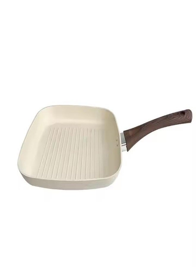 GREEVA Non-Stick Grill Pan with Soft Touch Wooden Handle Coating PFOA Free Induction&Gas Base Aluminium Square Grill Fry Pan Granite Griddle Frying Pans for Breakfast Egg Pan (Grill pan Beige 28cm) - Image 4
