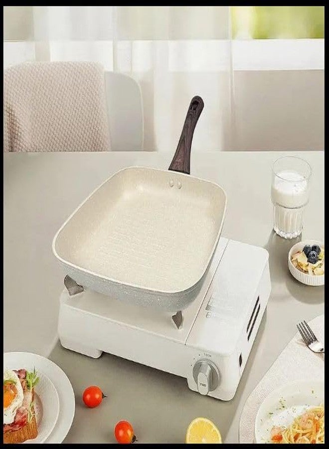GREEVA Non-Stick Grill Pan with Soft Touch Wooden Handle Coating PFOA Free Induction&Gas Base Aluminium Square Grill Fry Pan Granite Griddle Frying Pans for Breakfast Egg Pan (Grill pan Beige 28cm) - Image 2