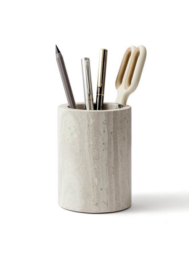 WORHE Natural Marble Pen Holder for Desk, Handcrafted Sturdy Desk Organizer with Anti-Slip Base 3.1” x 4.3” – Unique Stone Craft for Office Supplies, Makeup Brushes & Home Decor Grey (WH077) - Image 1