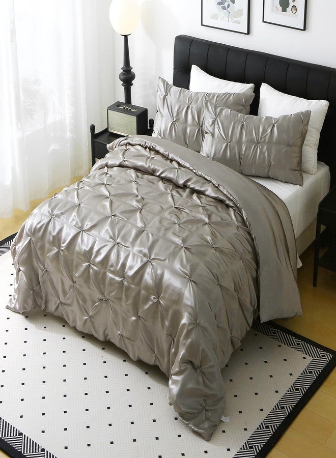 Setguopal Satin Comforter Set King Size, 3-Piece Light Grey Pinch Pleat Bedding Sets, Comforter, Pillowcases, Offering Exceptionally Soft and Smooth Comfort for All Season Use - Image 2