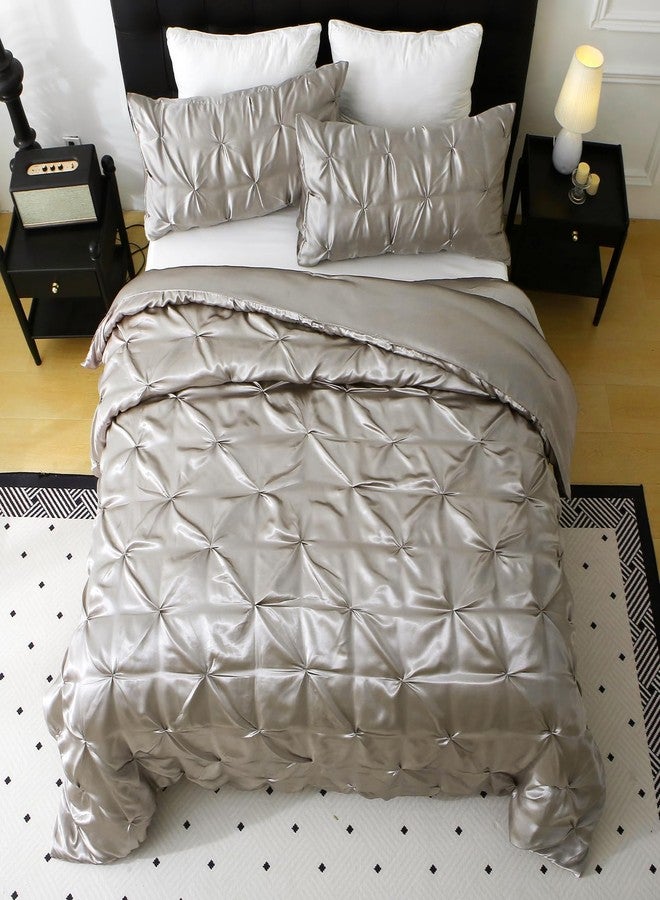 Setguopal Satin Comforter Set King Size, 3-Piece Light Grey Pinch Pleat Bedding Sets, Comforter, Pillowcases, Offering Exceptionally Soft and Smooth Comfort for All Season Use - Image 1