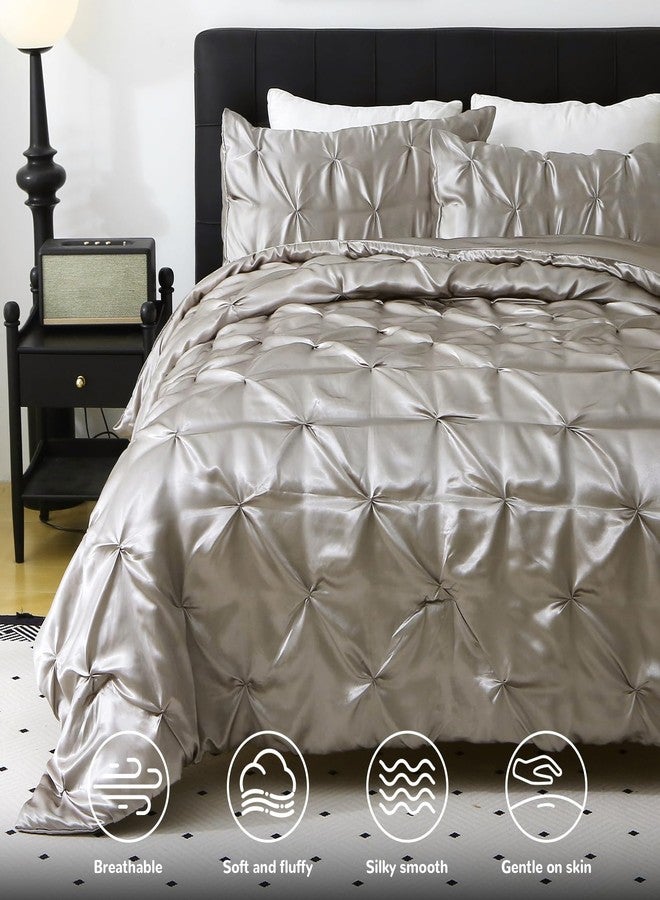 Setguopal Satin Comforter Set King Size, 3-Piece Light Grey Pinch Pleat Bedding Sets, Comforter, Pillowcases, Offering Exceptionally Soft and Smooth Comfort for All Season Use - Image 4