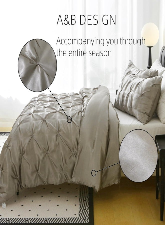 Setguopal Satin Comforter Set King Size, 3-Piece Light Grey Pinch Pleat Bedding Sets, Comforter, Pillowcases, Offering Exceptionally Soft and Smooth Comfort for All Season Use - Image 3
