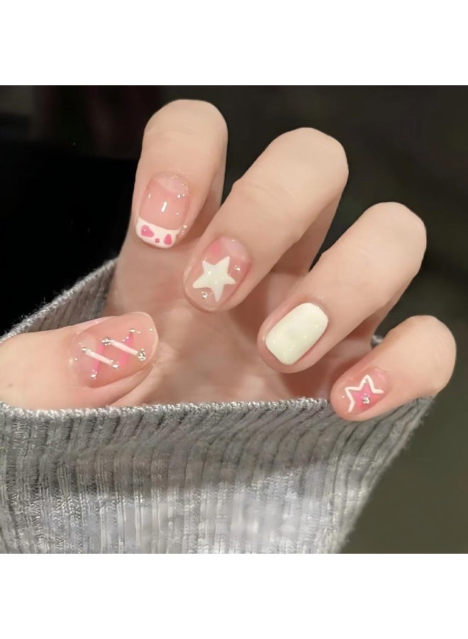 24Pcs Pink Star Heart Press On Nails, Short Square Fake Nails with 3D Accents, Reusable False Nails for Women