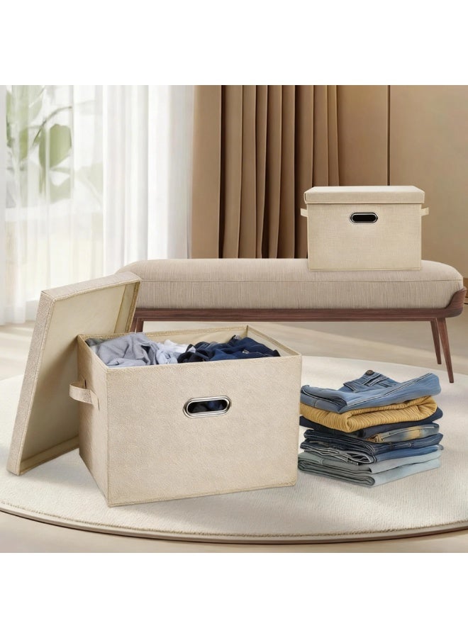 Foldable covered storage box, linen fabric stackable storage box, storage cabinet with covered basket, office, daycare center, beige oversized storage box (58 * 40 * 35cm) - Image 2